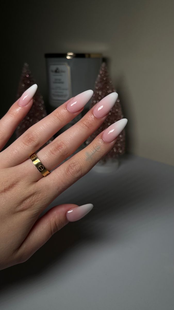 #ombre #ombrenails #cartier #pink #girly #nails Pink Ombre Almond Acrylic Nails, Almond Shaped Nails Elegant, Long Almond Ombre Nails, Irregular French Nails, Pink To White Ombre Nails Almond, Ombre Gel X Nails, Nails 2024 Ombre, Almond Ombre French Nails, Oval Nails Ombre