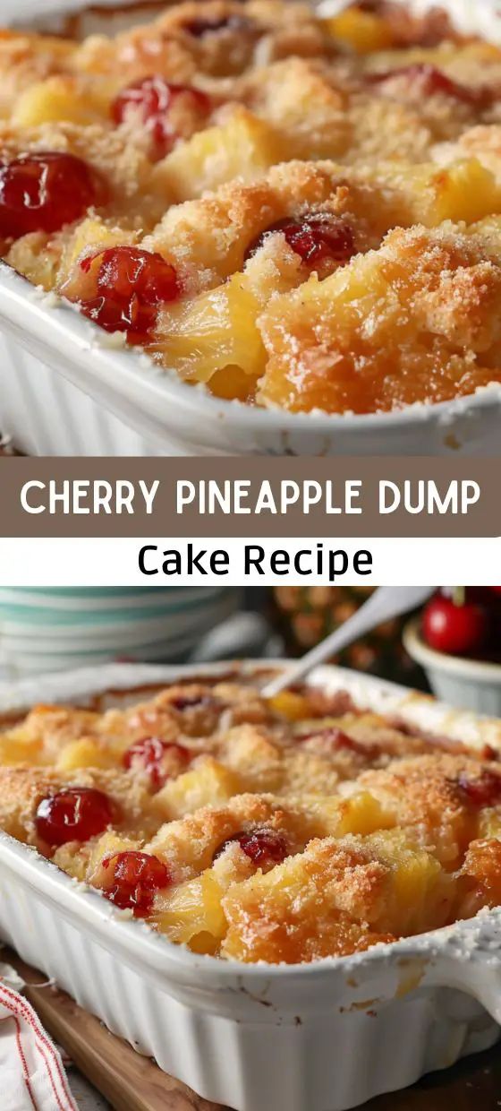 cherry pineapple dump cake in a baking dish