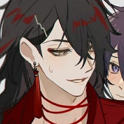 two anime characters one with black hair and the other with purple hair, both wearing red necklaces