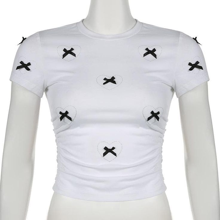 Please refer to our sizing chart for a guideline when choosing a size. 5 business days order processing time. 60% polyester 40% cotton Cotton Summer Tops With Bow Print, Fitted Cotton Tops With Bow, Fitted Cotton Tops With Bow Detail, Fitted Cotton Top With Bow, Trendy White Tops With Bow Print, Trendy Bow Print Tops For Spring, Trendy White Top With Bow Print, Chic Summer Tops With Bow Print, Cotton Crew Neck Top With Bow Print