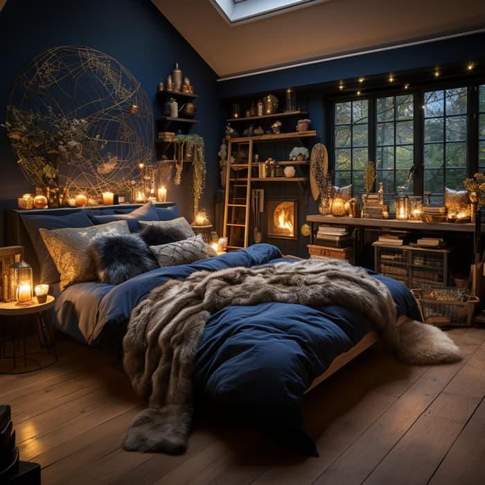 a bedroom with dark blue walls and wooden flooring, lit by candles in the windows