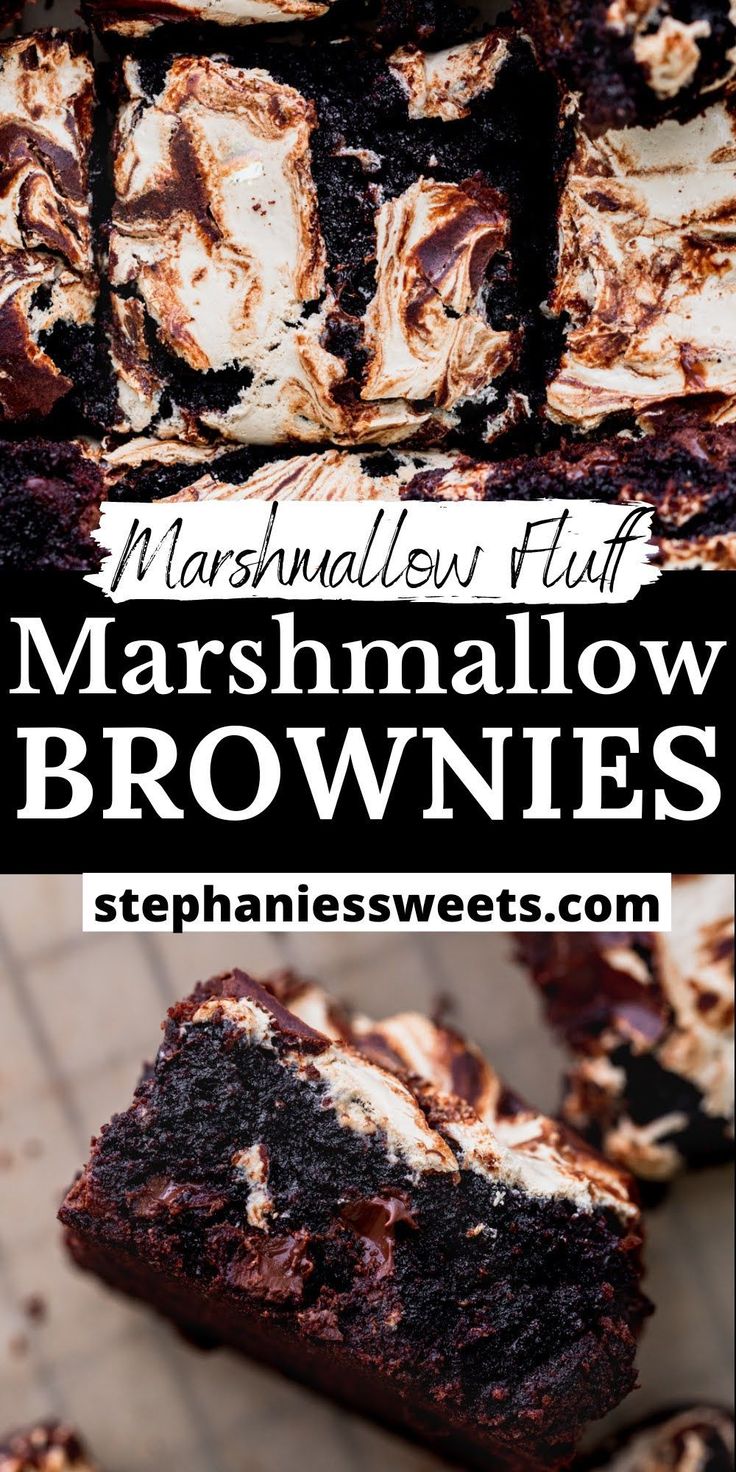 brownies with marshmallows are stacked on top of each other and the words marshmallow brownies above them