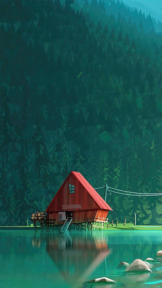 there is a red house sitting on the water's edge in front of some trees