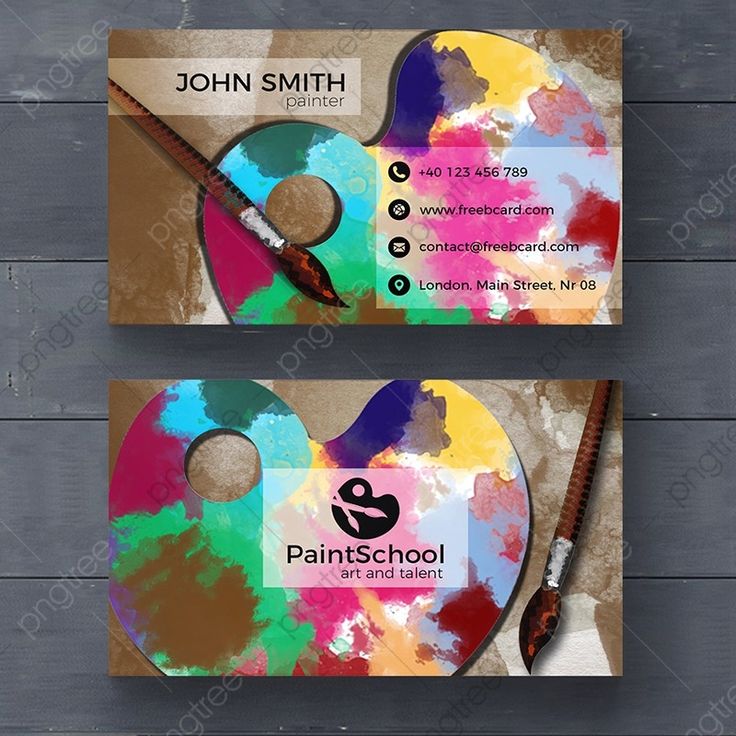 two business cards designed to look like paint brushes and palettes with the words paintschool on them