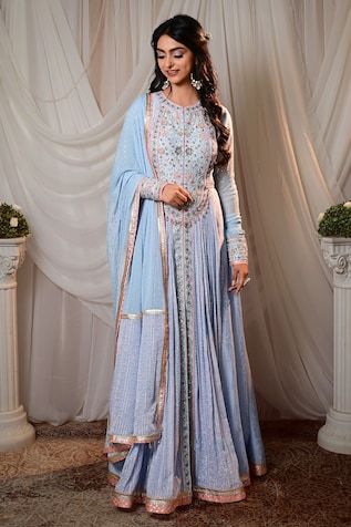 Powder blue block printed anarkali with zardosi embroidered yoke. Comes with a mukaish embroidered dupatta. - Aza Fashions Blue Cutdana Anarkali Set, Blue Anarkali Set For Transitional Season, Blue Bollywood Anarkali Set With Chikankari Embroidery, Blue Anarkali Set With Zari Work For Transitional Season, Transitional Blue Anarkali Set With Zari Work, Blue Anarkali Churidar With Cutdana, Anarkali Blue Churidar With Cutdana, Floor-length Blue Sharara With Chikankari Embroidery, Blue Floor-length Sharara With Chikankari Embroidery