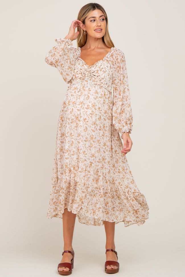 Ivory Floral Chiffon Ruffle Maternity Maxi Dress – PinkBlush Billowy Long Sleeve Floral Maxi Dress, Spring Maternity Wear Ruched Dresses, Cream Long Sleeve Maxi Dress With Floral Print, Spring Maternity Tiered Maxi Dress, Spring Maternity Maxi Dress, Tiered, Spring Maternity Maxi Dress With Tiered Design, Maternity Midi Dress With Smocked Back, Spring Maternity Tiered Dress, Spring Maternity Wear Tiered Dress