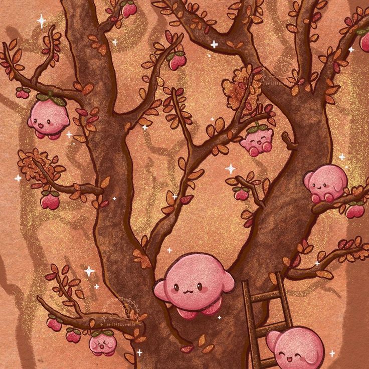 a tree with some little pink bears on it's branches and stars in the sky