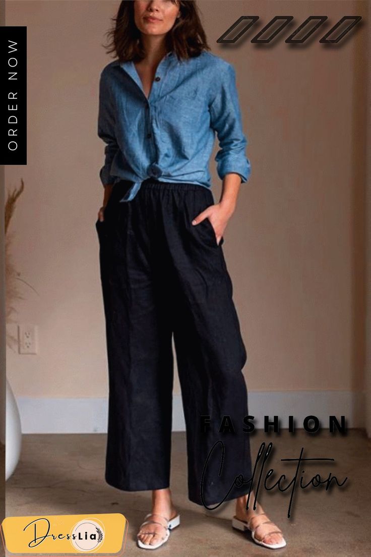 Pockets Linen Loose Pants Navy Linen Pants Outfit, Culotte Style, Loose Pants Outfit, Linen Pants Outfit, Black Linen Pants, Quoi Porter, Loose Pants, Black Linen, Mode Inspiration