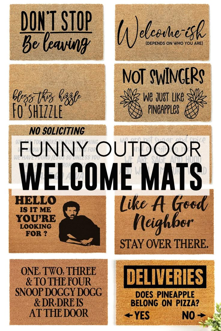 Outdoor coir doormats with funny phrases. Funny Porch Mats, Diy Funny Doormat, Welcome Sign Sayings Funny, Front Door Mat Funny, Funny Mats Doormats, Welcome Mat Ideas Funny, Diy Entry Mat, Front Door Mat Ideas Funny, Doormat Design Ideas