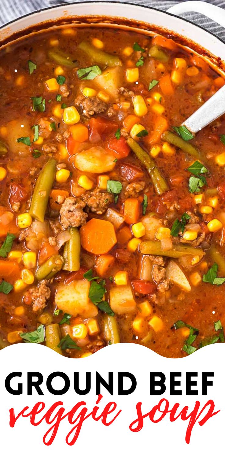 a bowl of ground beef veggie soup with a spoon in it and text overlay