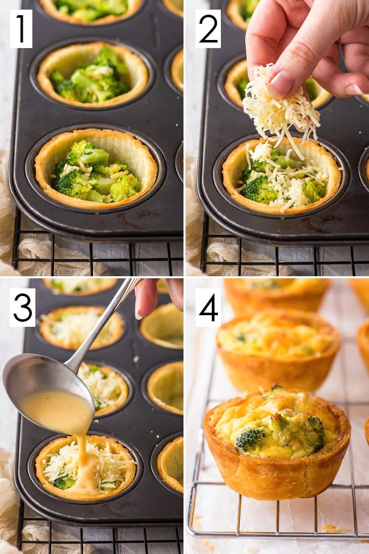 steps to make broccoli and cheese mini quiche in muffin tins