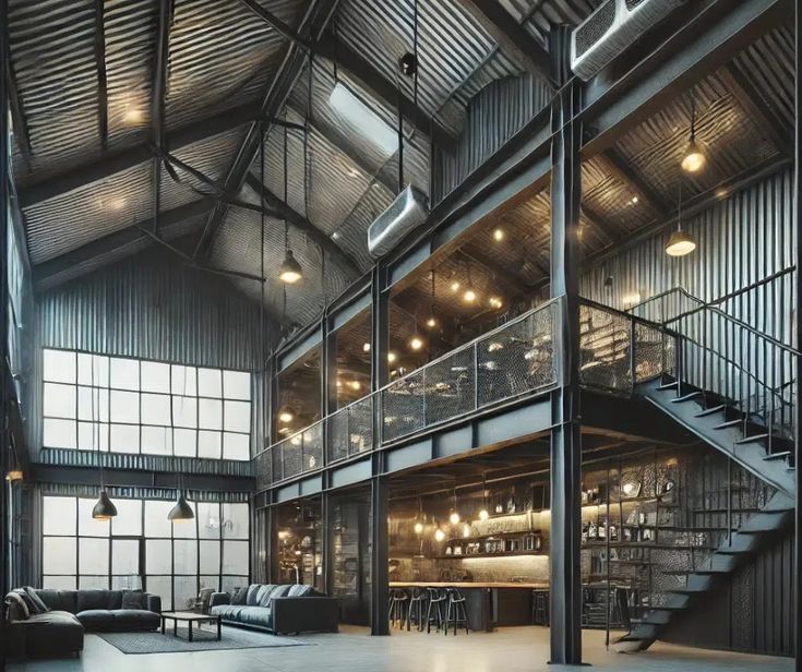 the inside of a large industrial building with lots of windows and metal railings on each floor