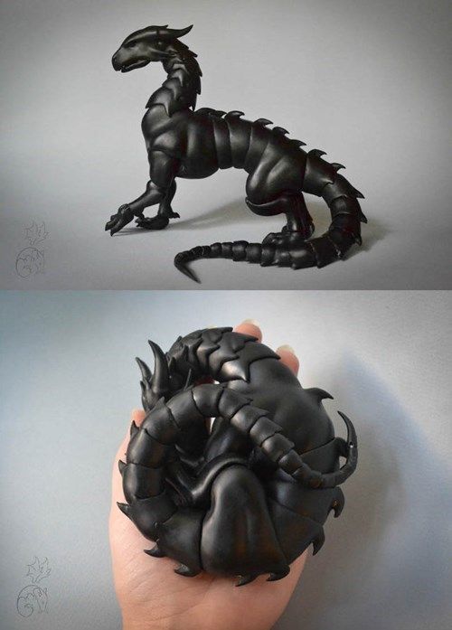 two pictures of a hand that is holding a small black dragon statue in it's palm