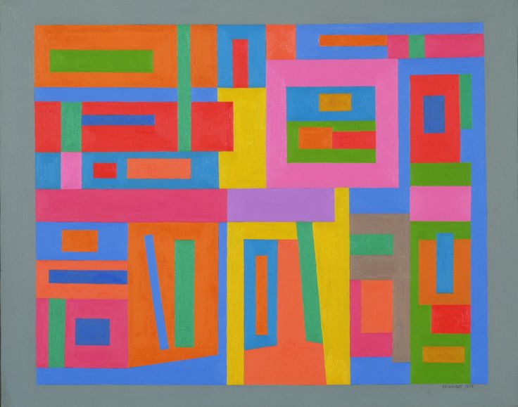 an abstract painting with many different colors and shapes on it's surface, including squares