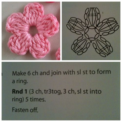 the instructions for crochet flowers are shown in three different pictures, one is pink and the other is black