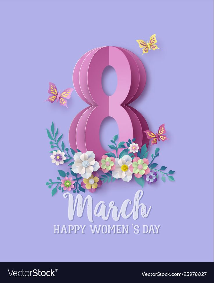 the 8 march women's day greeting card with flowers and butterflies on purple background