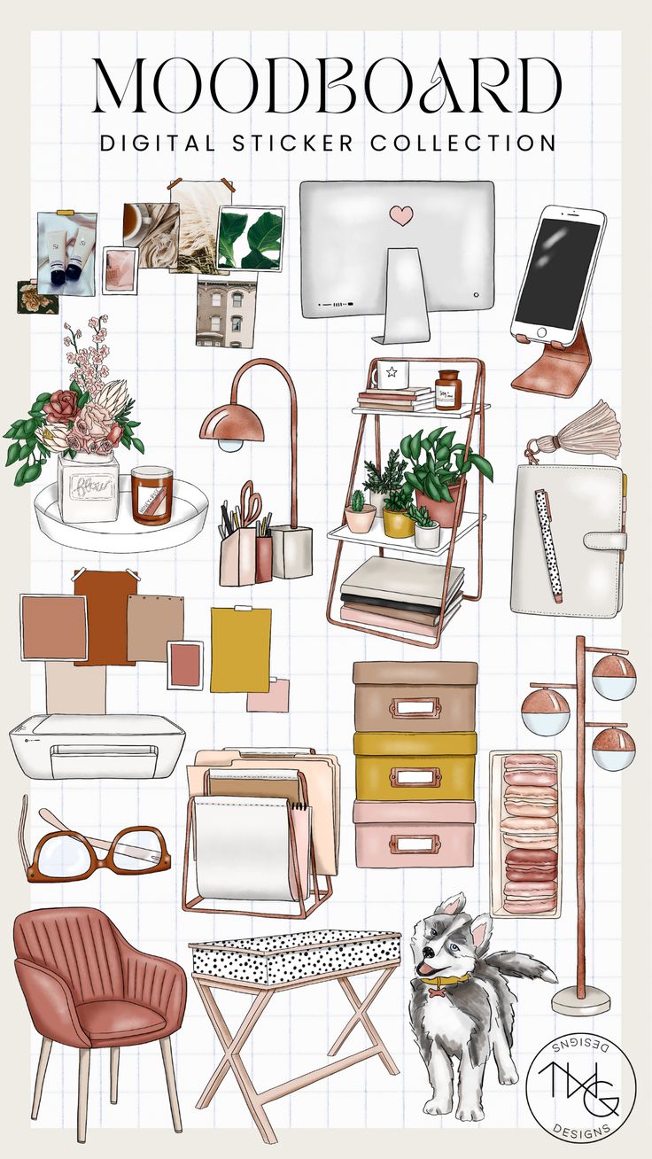 Home office moodboard planner and vision board clipart bundle Aesthetic Stickers For Project, Work Digital Stickers, Work Stickers For Planner, Digital Journal Stickers, Aesthetic Clipart, Aesthetic Designer, Book Clip Art, Planner Stickers Printable, Planner Icons