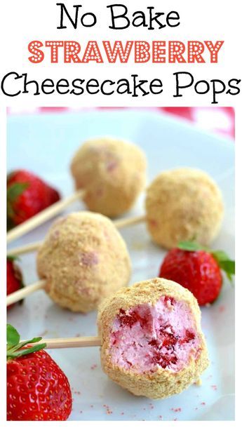 no bake strawberry cheesecake pops on a plate with strawberries