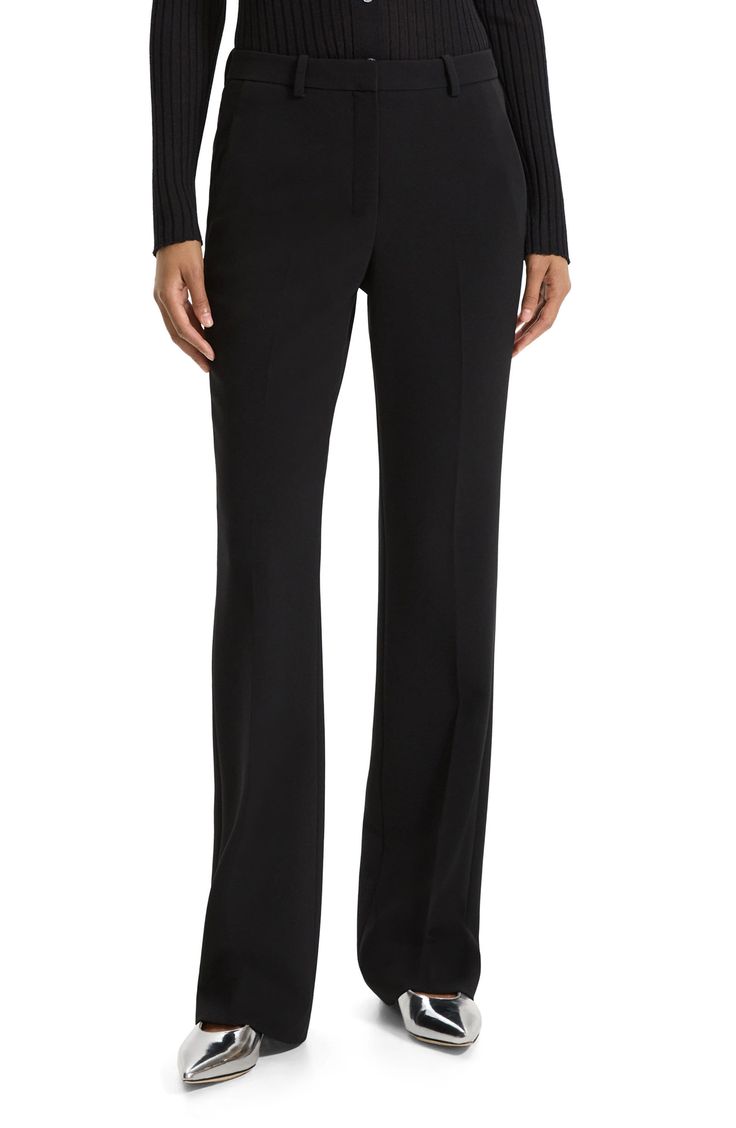 Full-length legs with a slight flare at the hem define these classic slim-fit pants meant to go from 9–5 and beyond. 33 1/2" inseam; 19" leg opening; 11 1/2" front rise; 15 1/2" back rise (size 8) Zip fly with hook-and-bar closure Front slant pockets; back welt pockets 70% triacetate, 30% polyester Dry clean Imported Black Rice, Flare Trousers, Slim Fit Pants, Fit Pants, Welt Pockets, Workout Pants, Fit & Flare, Welt Pocket, Full Length