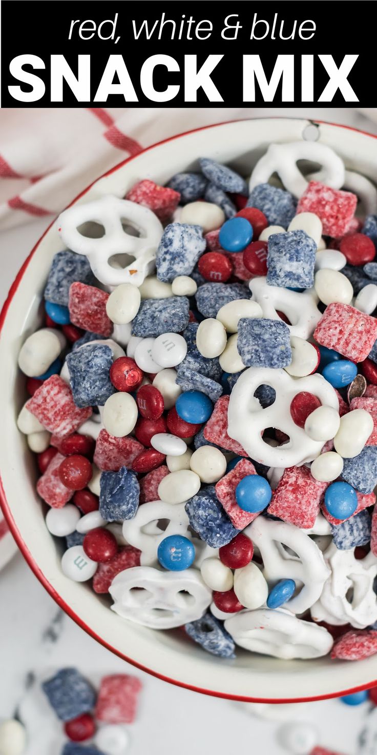 red, white and blue snack mix in a bowl with text overlay that reads red, white & blue snack mix