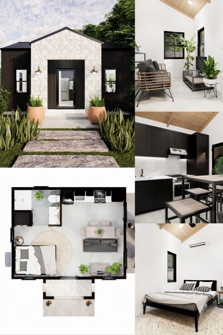 Modern Guest House ADU Plans with a California vibe. Guest House Apartment, 1 Bed Guest House, Modern Tiny House Layout, Guest House Plans With Garage, Guest House Entrance, Adu Designs Modern Interior, Small Modern Guest House, Adu In Backyard, Modern Farmhouse Guest House