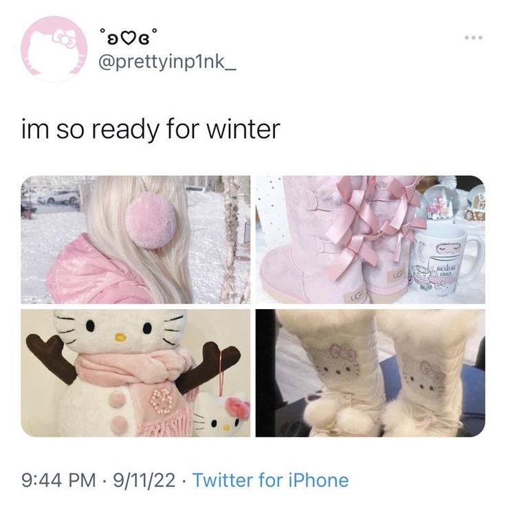 an instagram with pictures of snow boots and hello kitty