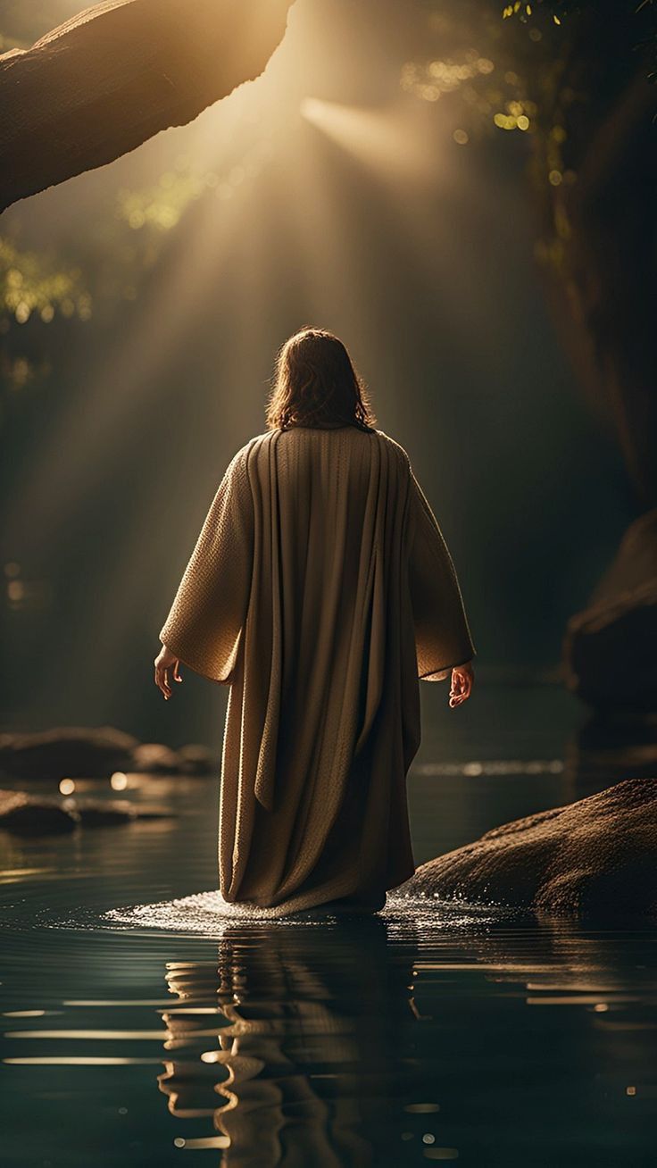 jesus walking into the water with his arms outstretched and hands behind him, as he wades