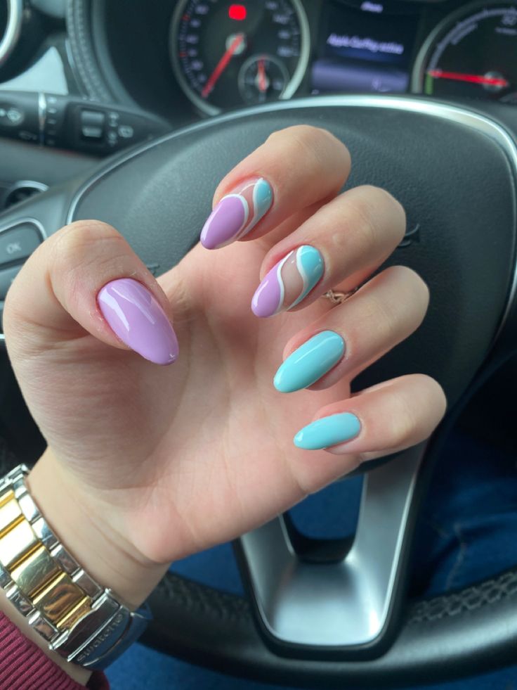 purple blue nails Sky Blue And Purple Nails, Light Blue And Purple Nails Acrylic, Nail Purple And Blue, Almond Nails Blue And Pink, Blue And Purple Nails Simple, Lilac And Teal Nails, Summer Nails Blue And Purple, Pink And Blue Nails Design Simple, Cute Nails Pink And Blue