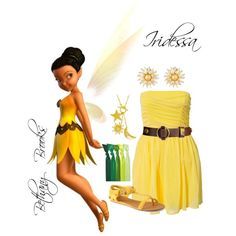 a yellow dress with a fairy tinkerbell on the front and an image of a woman's shoes