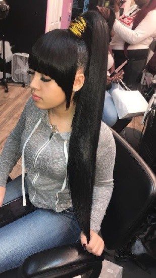 Weave Ponytails With Bangs, Ponytails Hairstyles, Ponytail Weave, Hairstyle Bangs, Chinese Bangs, Hairstyle Ponytail, Easy Ponytail, Black Ponytail, Black Hairstyle