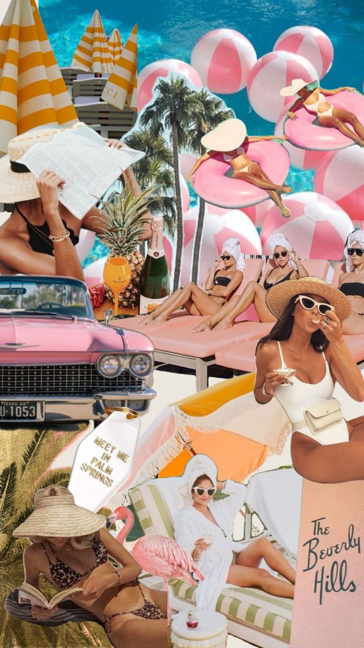 a collage of women in bikinis and hats sitting on beach chairs next to an old pink car