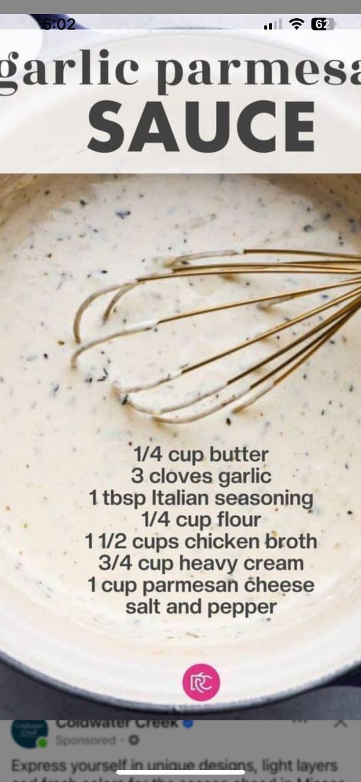 the ingredients for garlic parmesan sauce in a bowl