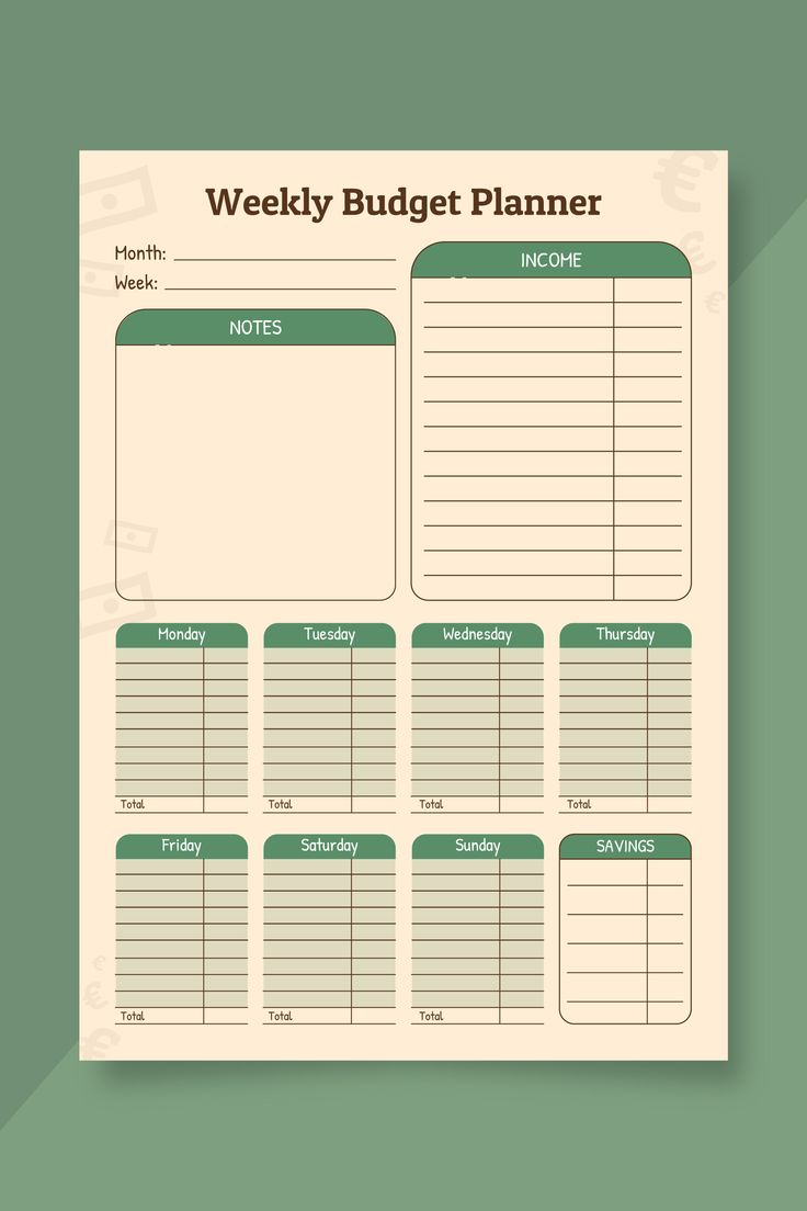 a printable weekly budget planner is shown in green and beige colors with the words,