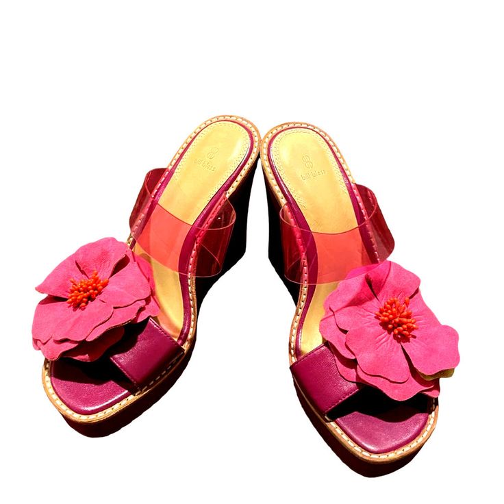 Bill Blass Pink Flower Sandal. Size 7 Never Worn Synthetic Summer Heels With Flower Design, Summer Flower Heels In Synthetic Material, Flower Shaped Synthetic Heels For Summer, Summer Flower Sandals In Synthetic Material, Summer Flower-shaped Synthetic Sandals, Pink Flower Sandals For Summer, Pink Flower-shaped Sandals For Summer, Pink Flower Sandals For Vacation, Pink Leather Beach Wedge Sandals