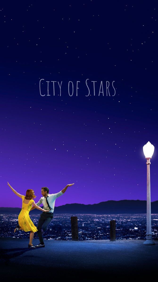 a man and woman dancing in front of a city skyline with the words city of stars above them