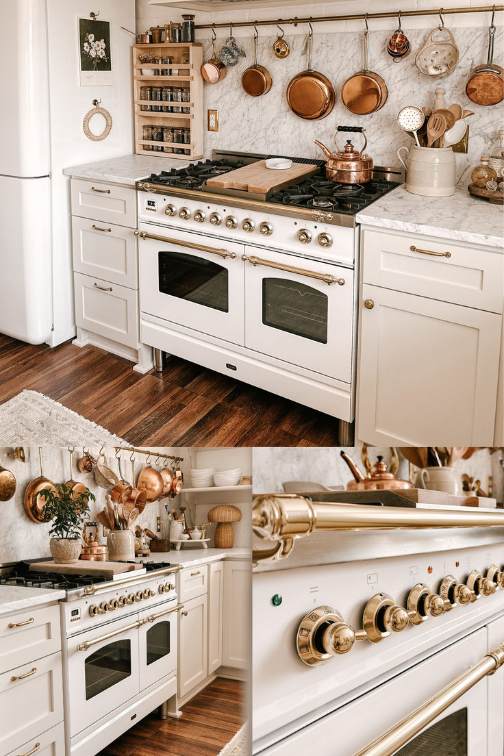 there are two pictures of the same kitchen with white cabinets and gold trimmings