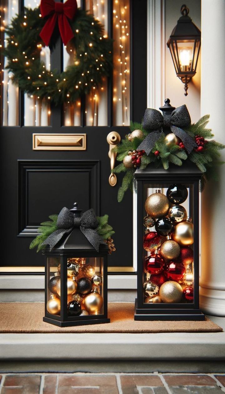 two lanterns with christmas decorations on them sitting in front of a door decorated for the holiday season