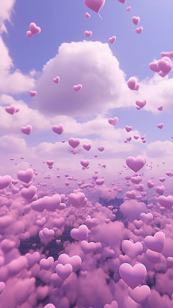 many pink hearts floating in the air on a blue sky with fluffy white clouds above