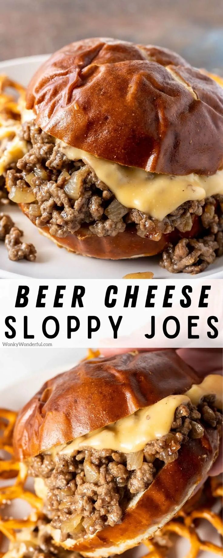 two cheeseburger sloppy joes on white plates with text overlay that reads beer cheese sloppy joes