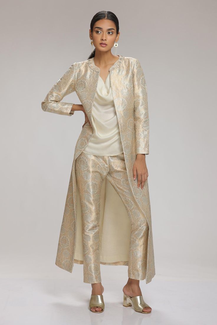 Shop for Chhaya Mehrotra Cream Brocade Jacket And Pant Set for Women Online at Aza Fashions Brocade Coat Pant Women, Brocade Jackets Women, Brocade Jackets Women Indian, Brocade Top, Brocade Jacket, Knee Length Jacket, Banarasi Brocade, Paithani Saree, Upcycle Ideas