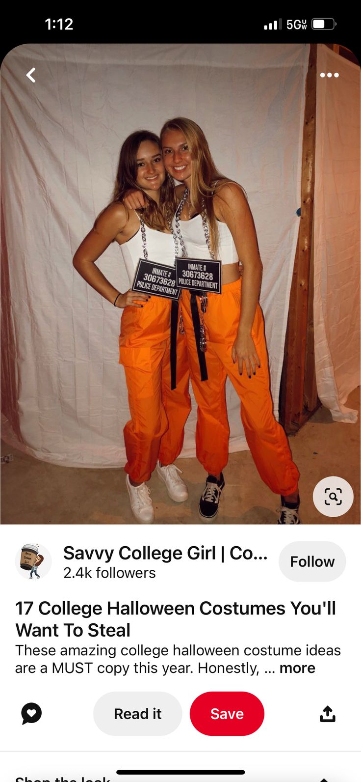 two girls dressed in orange pants and white shirts posing for an instagram post on halloween