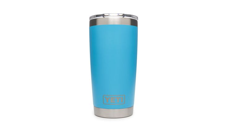 the yeti tumbler is shown in blue with silver trim and stainless steel lid