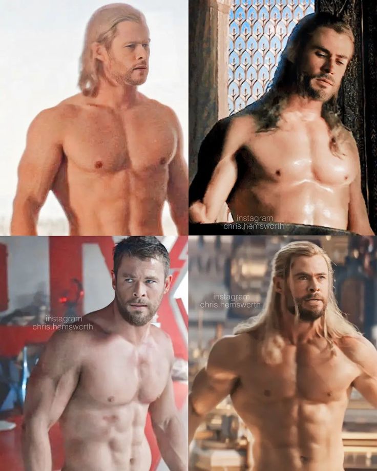 four different pictures of the same shirtless man with long hair and no shirt on