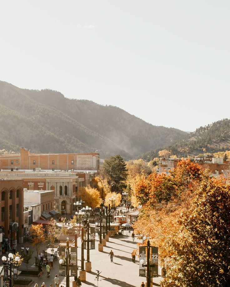 a city street lined with tall buildings and lots of trees in front of a mountain