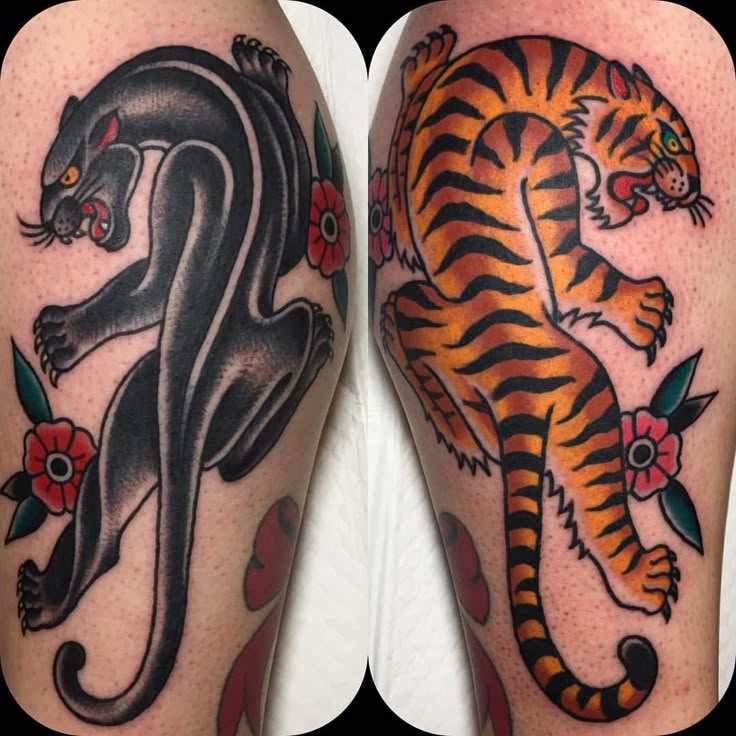 two tiger tattoos on both legs with flowers and leaves around the leg, one is black and orange