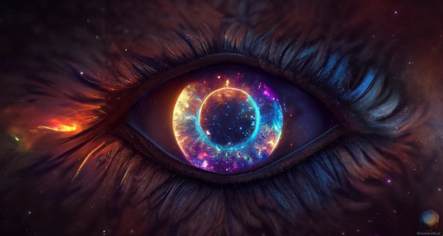 an eye that is looking into the sky with stars and galaxy in it's iris