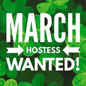 green clovers with the words march hostess wanted