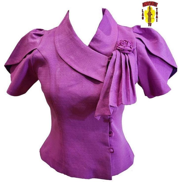 Thai - Lao Blouse 2005-PU-36 Fitted Purple Blouse For Evening, Fitted Purple Top For Semi-formal Occasions, Purple Fitted Top For Semi-formal Occasions, Fitted Purple Evening Blouse, Elegant Fitted Purple Blouse, Elegant Short Sleeve Wedding Blouse Piece, Traditional Formal Tops For Spring, Traditional Fitted Blouse Piece For Formal Occasions, Fitted Silk Blouse In Solid Color