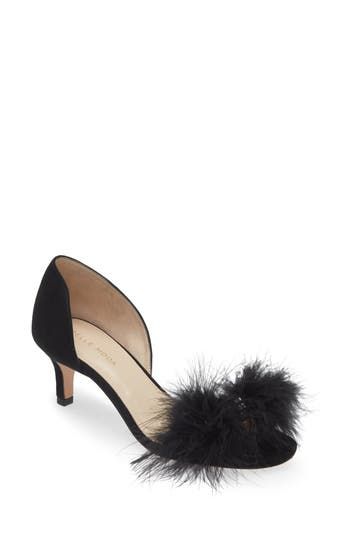 Fluffy feather trim adds a decadent flourish to the open-toe upper of a suede pump set on a modest heel. 2 1/2" heel (size 8.5) Leather upper/synthetic lining/leather sole Imported Chic Pointed Toe Heels With Feather Trim, Formal Heels With Feather Trim And Ankle Strap, Formal Ankle Strap Heels With Feather Trim, Pointed Toe Heels With Feather Trim For Evening, Evening Heels With Feather Trim, Pointed Toe, Chic Ankle Strap Heels With Feather Trim, Formal Open Toe Heels With Feather Trim, Chic Formal Heels With Feather Trim, Chic Open Toe Heels With Feather Trim