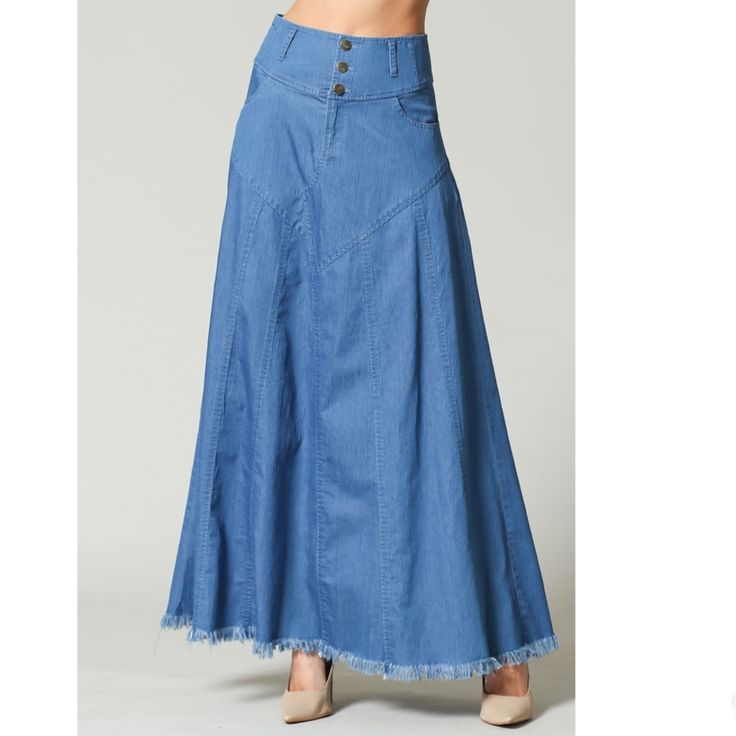 Long Denim Skirt With Pockets. Model 5’7”. 32-24-32 Blue Long Denim Skirt With Frayed Hem, Long Blue Denim Skirt With Frayed Hem, Blue High Rise Maxi Skirt For Spring, High-rise Blue Denim Maxi Skirt, Blue Long Skirt With Frayed Hem, Long Blue Skirt With Frayed Hem, Denim Long Skirt, Long Denim Skirt, Skirt With Pockets